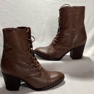 Steve Madden Geraldin Brown Leather Lace Up Side Zip Ankle Boots Block Heel 6M